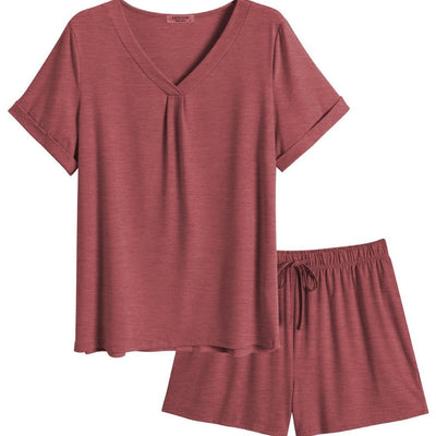 Damen lässiges Lounge-Set mit lässigem V-Ausschnitt und kurzen Ärmeln Fudus