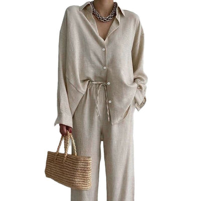 Damen Set aus lässigem Button-Up-Hemd und weit geschnittenen Pants Fudus