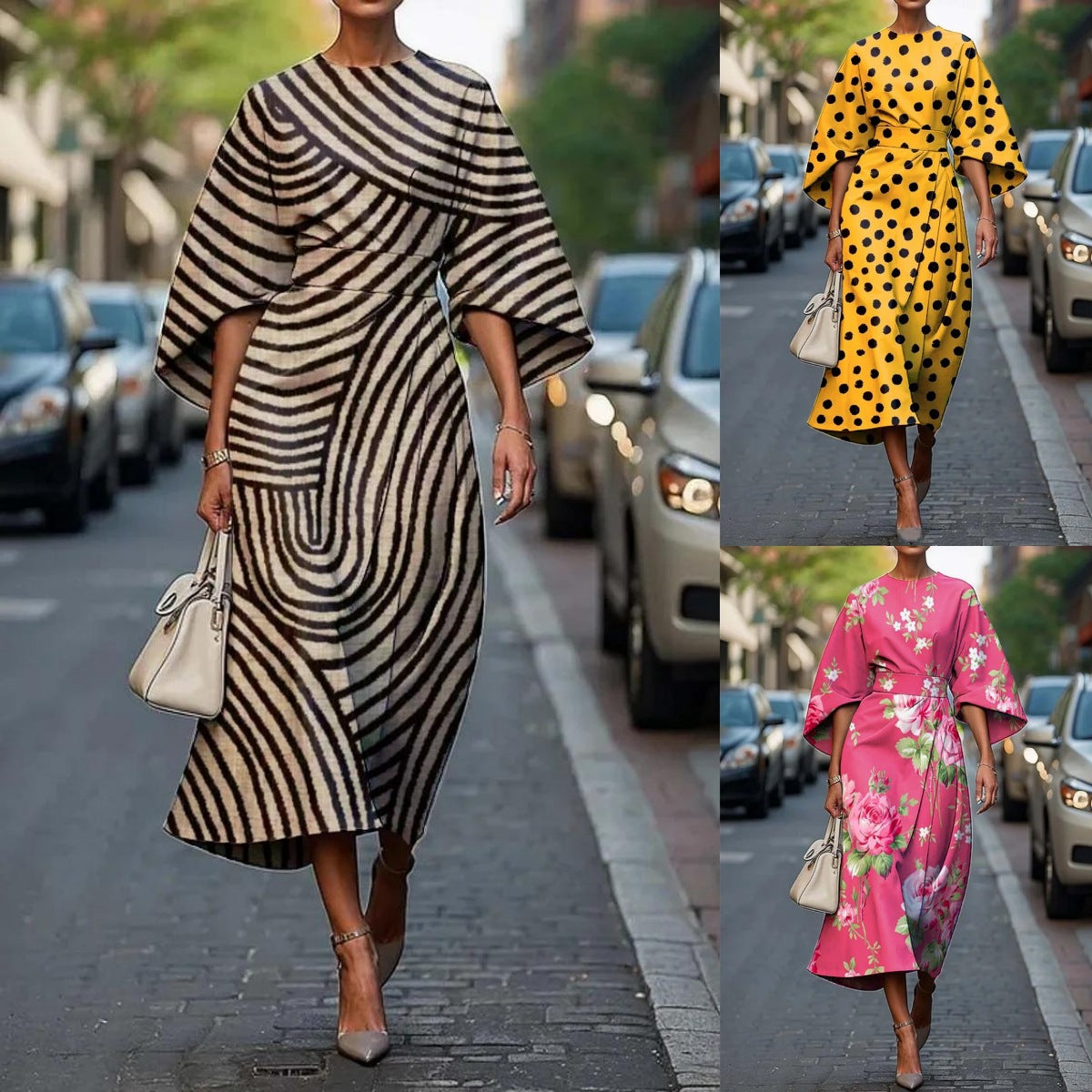 Damen Maxi-Kleid mit voluminösen Ärmeln und floralem Muster Fudus