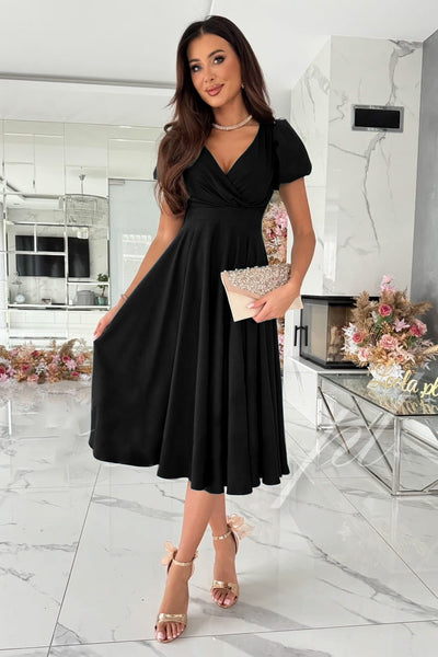 Damen elegantes Wickelkleid mit kurzen Puffärmeln und skulpturalem V-Ausschnitt Fudus