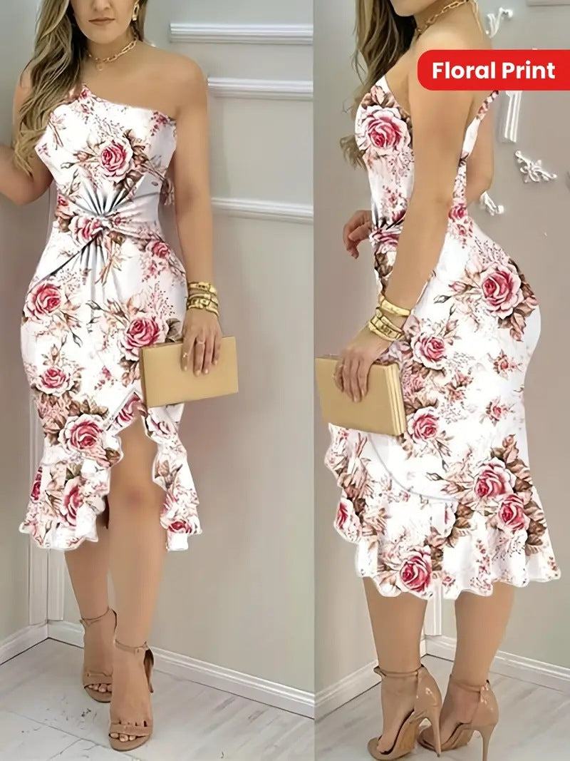 Damen Etuikleid mit asymmetrischem Saum und floralem Muster Fudus