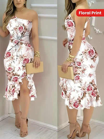 Damen Etuikleid mit asymmetrischem Saum und floralem Muster Fudus