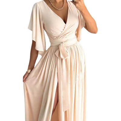 Damen Maxikleid mit tiefem V-Ausschnitt, Rüschendetails und eleganter Taillierung Fudus