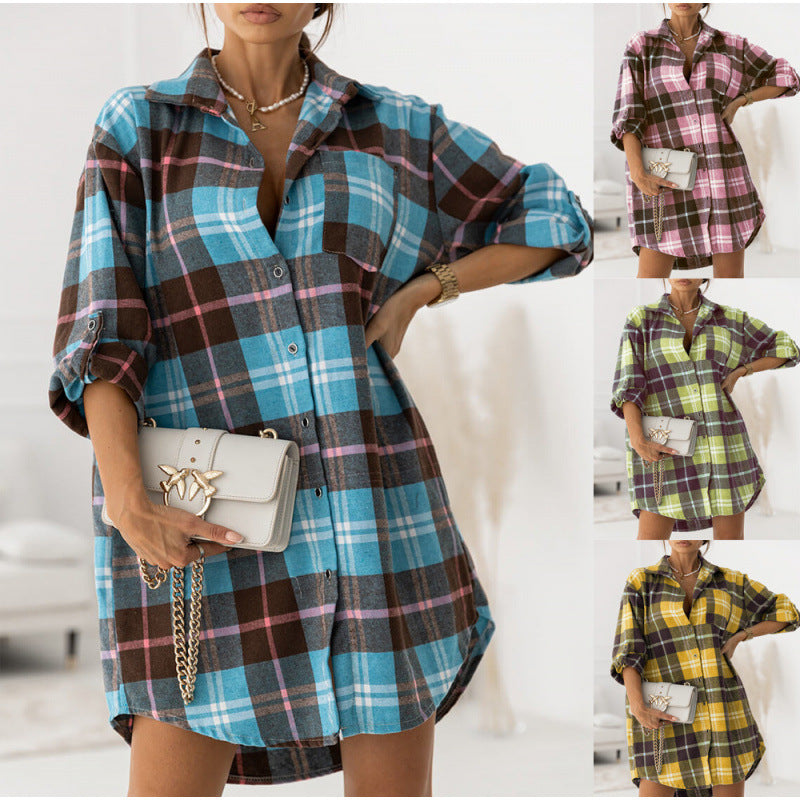 Damen Flanell-Hemdkleid mit Karomuster und langen Ärmeln Fudus