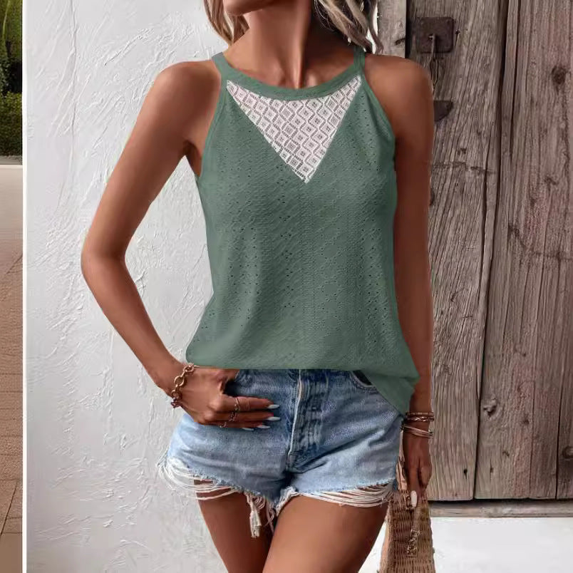 Damen ärmelloses Oberteil mit feiner Lochmusterung und eleganter Spitzeneinsätze Fudus