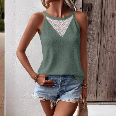 Damen ärmelloses Oberteil mit feiner Lochmusterung und eleganter Spitzeneinsätze Fudus