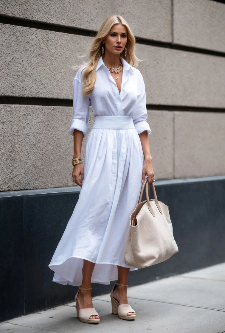 Damen Hemdblusenkleid mit eleganter Taille und fließendem Rock Fudus