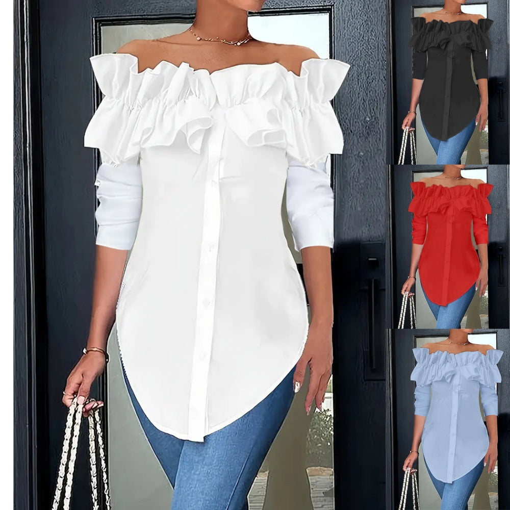 Damen Off-Shoulder Bluse mit Rüschen und Knopfdetails Fudus