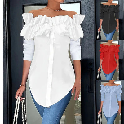 Damen Off-Shoulder Bluse mit Rüschen und Knopfdetails Fudus