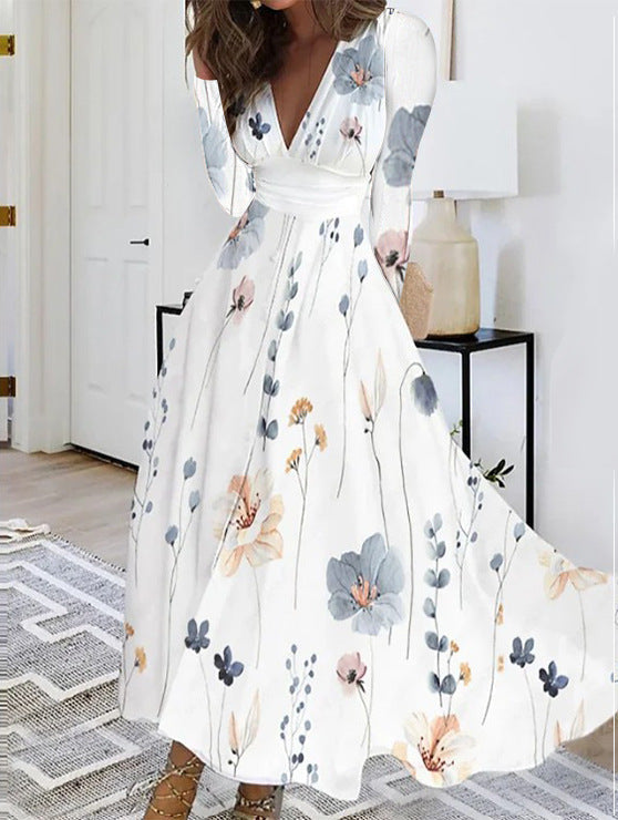 Damen Maxikleid mit floralem Design und V-Ausschnitt Fudus