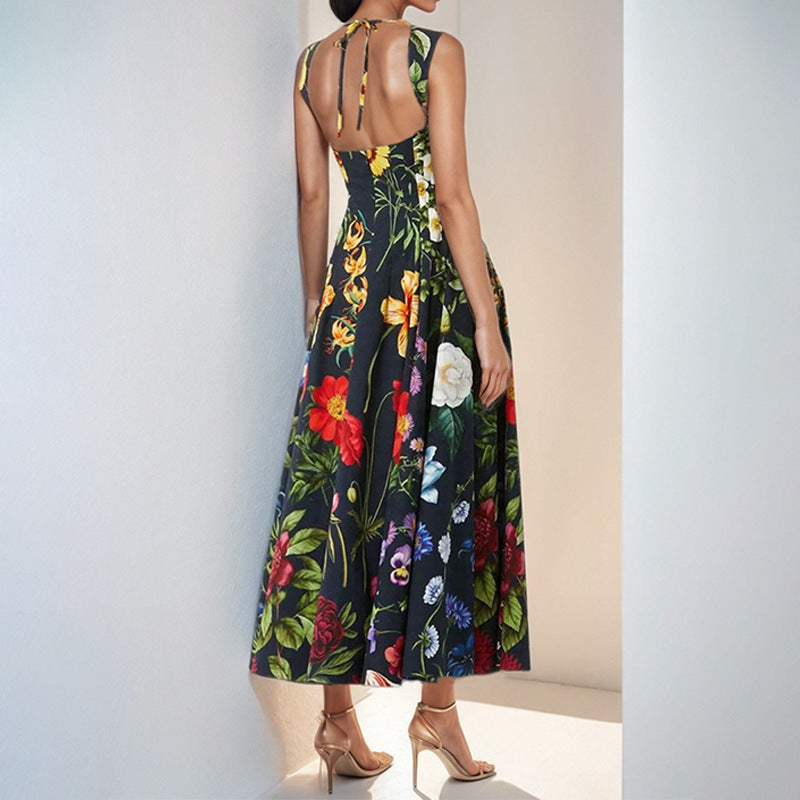 Damen Maxikleid mit quadratischem Ausschnitt und üppigem Blumenmuster Fudus