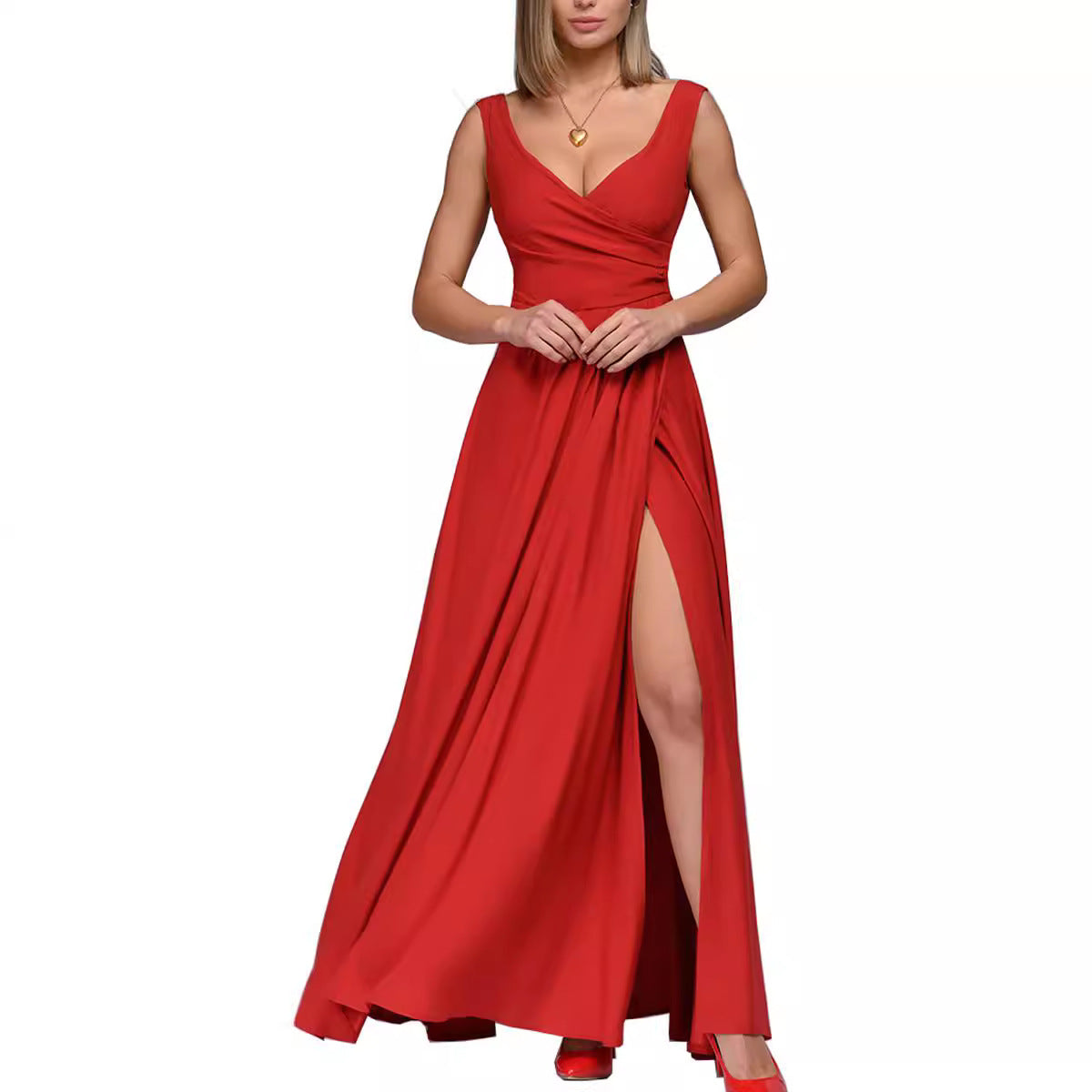 Damen Elegantes Maxikleid mit seitlichem Schlitz und raffiniertem V-Ausschnitt Fudus