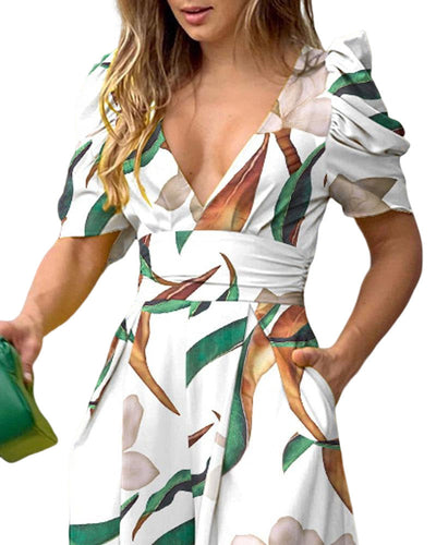 Damen Maxikleid mit tiefem V-Ausschnitt, Rüschenärmeln und praktischen Taschen Fudus