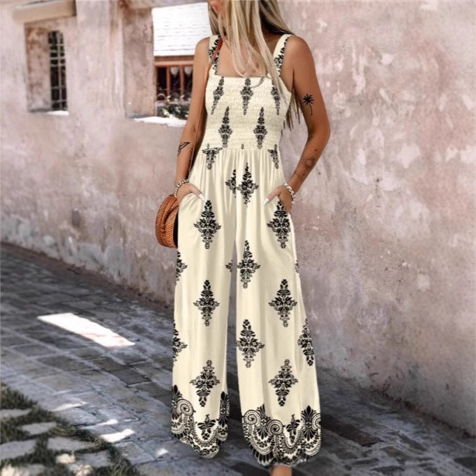 Damen luftiger Jumpsuit mit floralem Design und praktischen Taschen Fudus