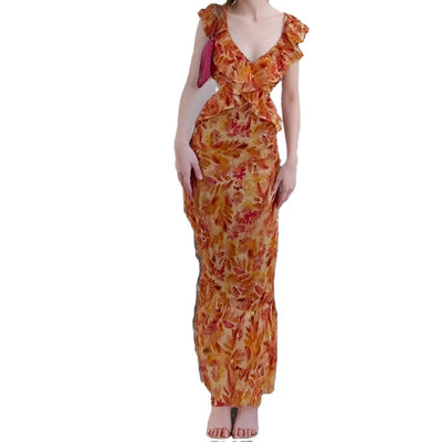 Damen Maxikleid mit voluminösen Rüschendetails und elegantem V-Ausschnitt Fudus