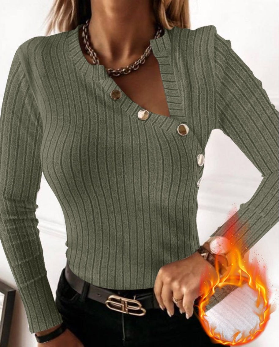 Damen figurbetontes Langarm-Oberteil mit asymmetrischem Ausschnitt und goldenen Knopfdetails Fudus