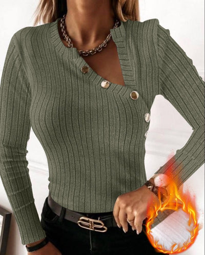 Damen figurbetontes Langarm-Oberteil mit asymmetrischem Ausschnitt und goldenen Knopfdetails Fudus