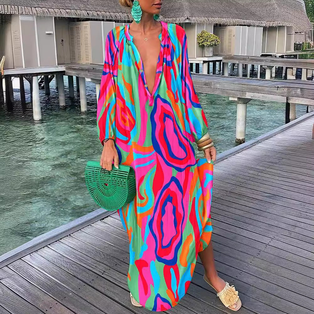 Damen Maxikleid mit elegantem Print und tiefem V-Ausschnitt Fudus
