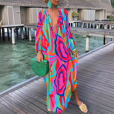 Damen Maxikleid mit elegantem Print und tiefem V-Ausschnitt Fudus
