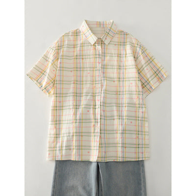 Damen Karierte Kurzarmbluse mit Brusttasche und lockerer Passform Fudus