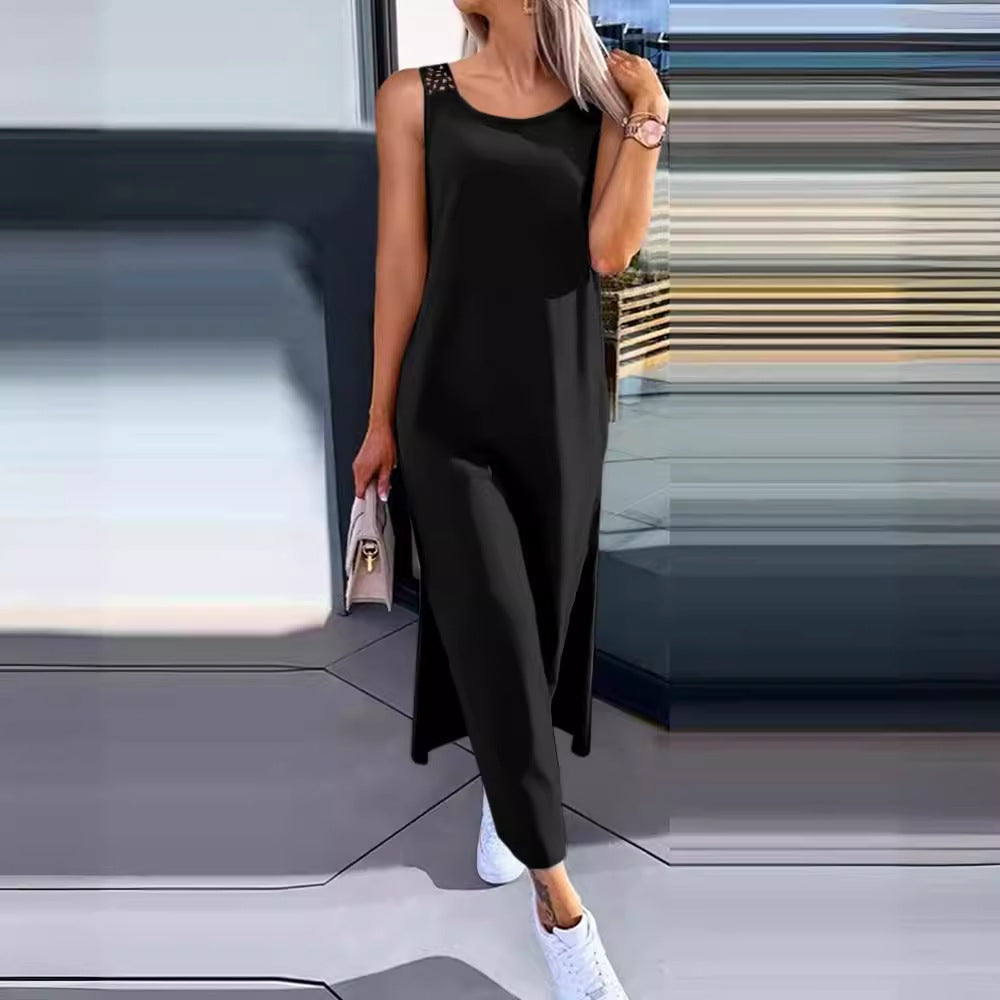 Damen lässiges Longdress mit seitlichen Schlitzen und feinen Spitzenakzenten Fudus