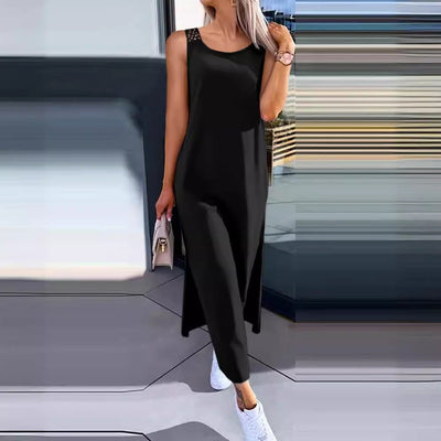 Damen lässiges Longdress mit seitlichen Schlitzen und feinen Spitzenakzenten Fudus