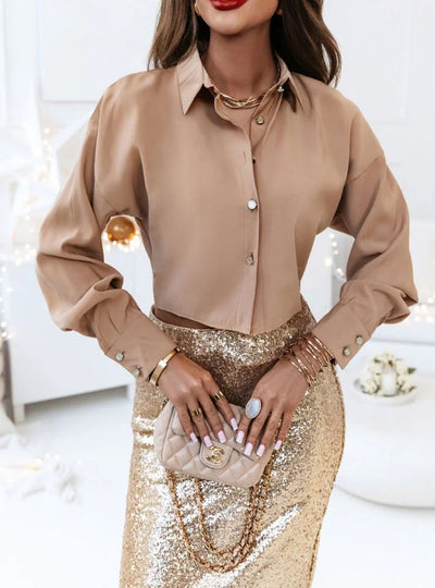 Damen Seidige Bluse mit eleganten Knopfdetails und weit geschnittenen Ärmeln Fudus