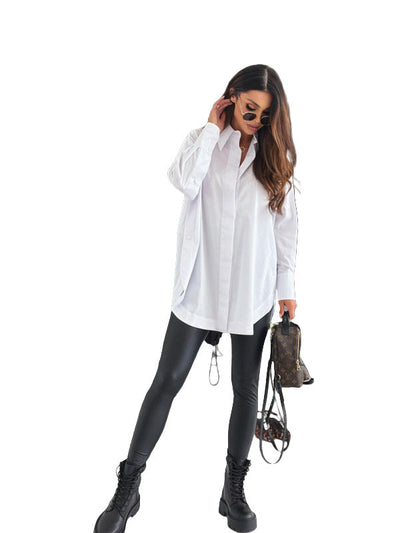 Damen Oversize Hemdbluse mit klassischem Kragen und langen Ärmeln Fudus