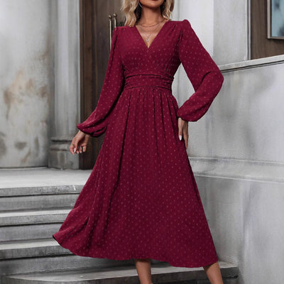 Damen Elegantes Maxi-Kleid mit V-Ausschnitt und Puffärmeln Fudus
