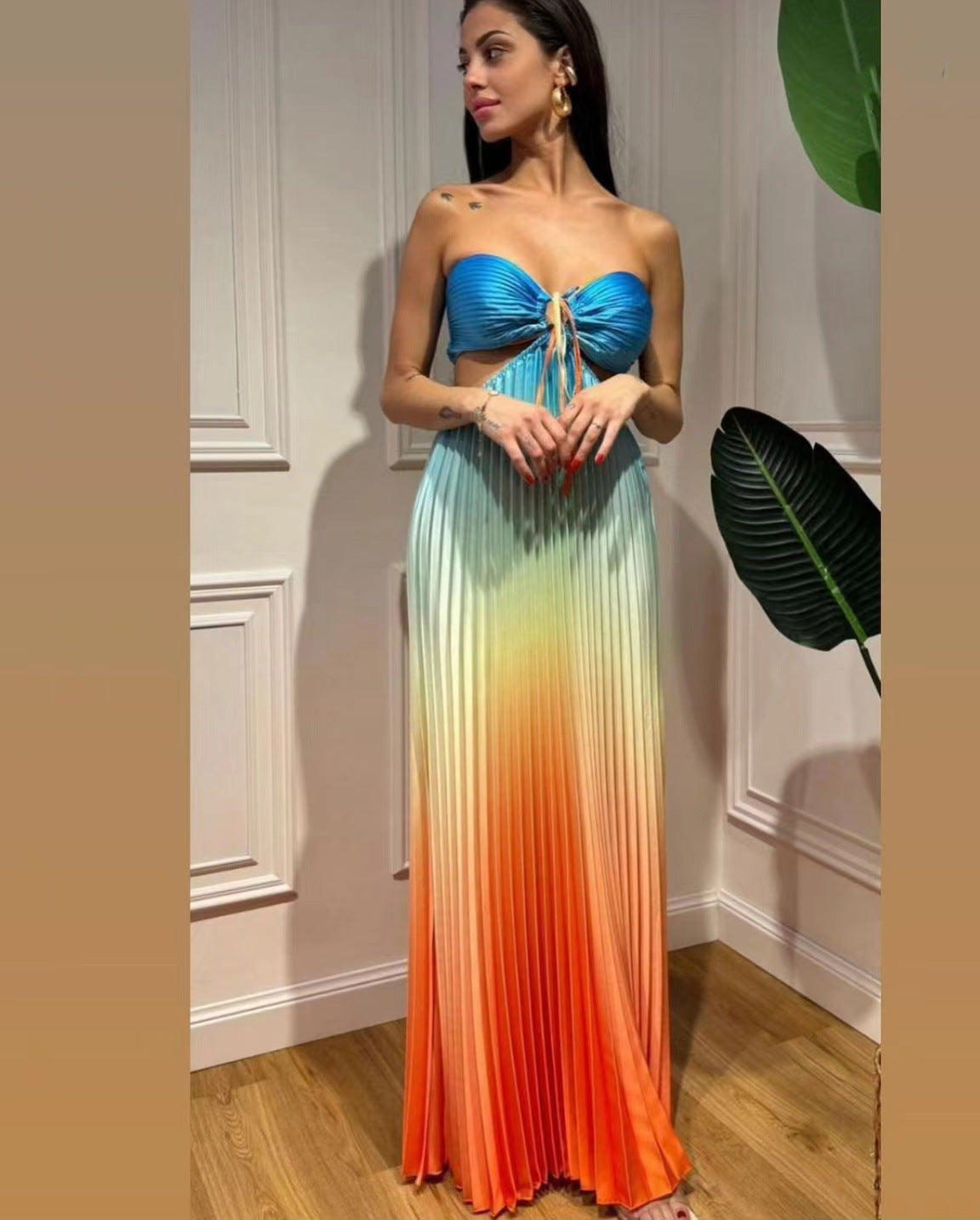 Damen Maxi-Kleid mit Faltenwurf und verstellbarem Oberteil Fudus