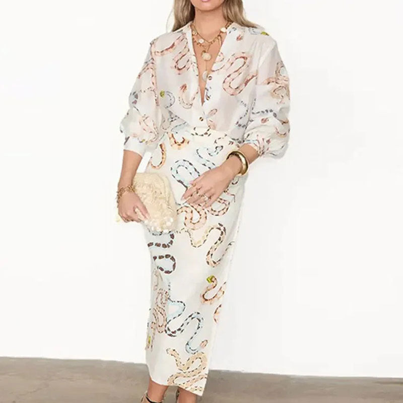 Damen Midi-Kleid mit elegantem Schlangenmuster und lockeren Ärmeln Fudus