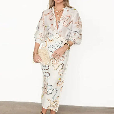 Damen Midi-Kleid mit elegantem Schlangenmuster und lockeren Ärmeln Fudus