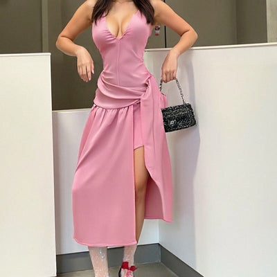 Damen Wickelkleid mit verstellbaren Spaghettiträgern und elegantem Schlitz Fudus