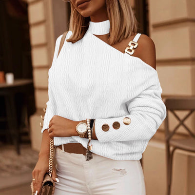 Damen elegantes Oberteil mit asymmetrischem Ausschnitt und dekorativen Schulterträgern Fudus