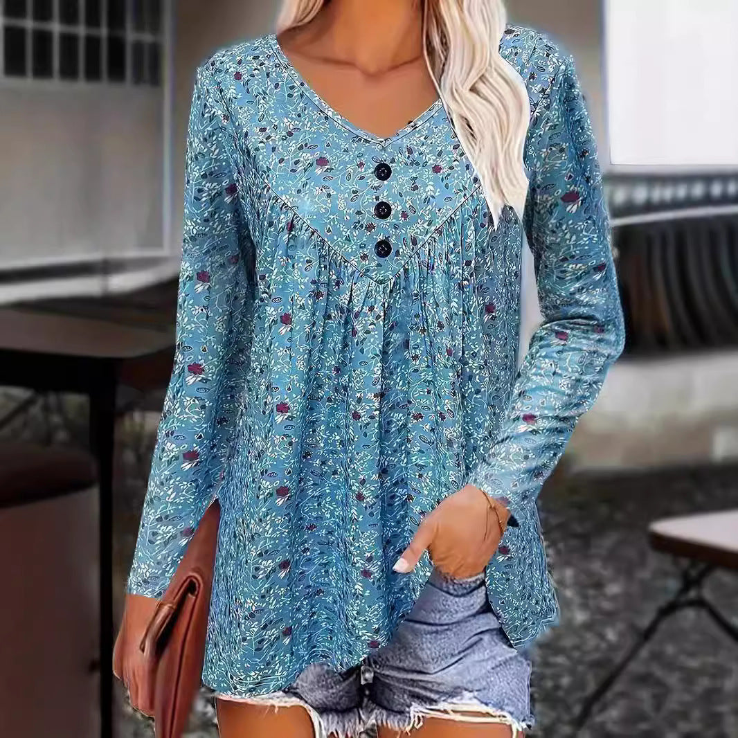 Damen Bluse mit Blumenmuster und Knopfdetails Fudus