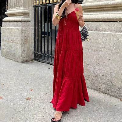 Damen Maxikleid mit fließendem Schnitt und verspielten Rüschendetails Fudus