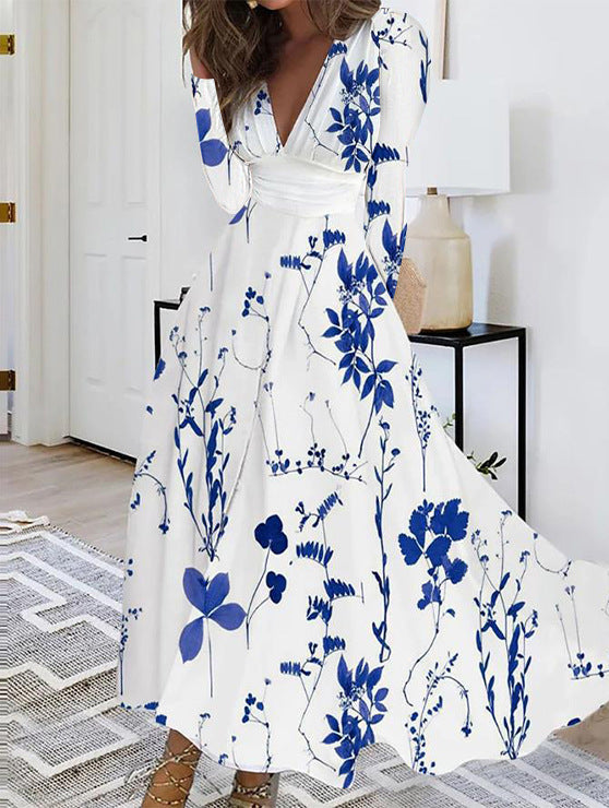 Damen Maxikleid mit floralem Design und V-Ausschnitt Fudus