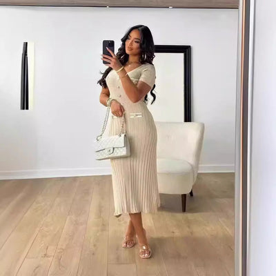 Damen Rippstrick Maxikleid mit Knopfdetails und V-Ausschnitt Fudus