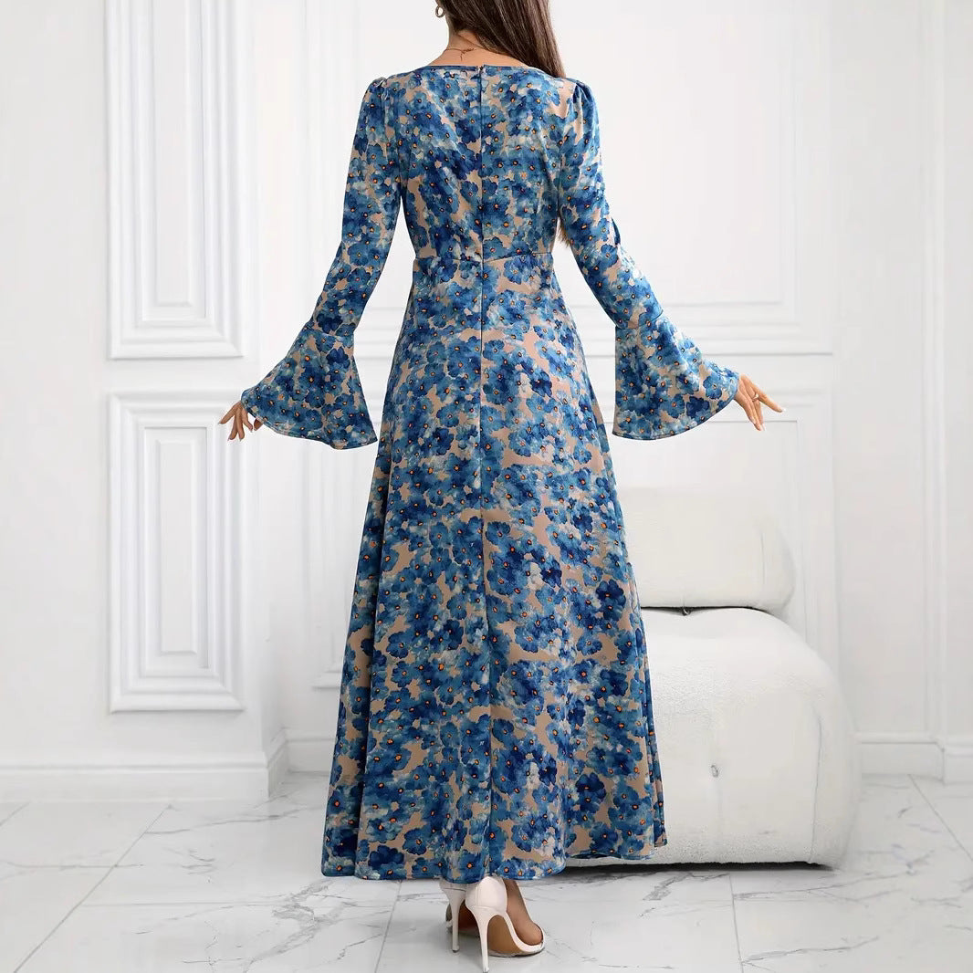 Damen elegantes Maxikleid mit floralen Mustern und voluminösen Ärmeln Fudus