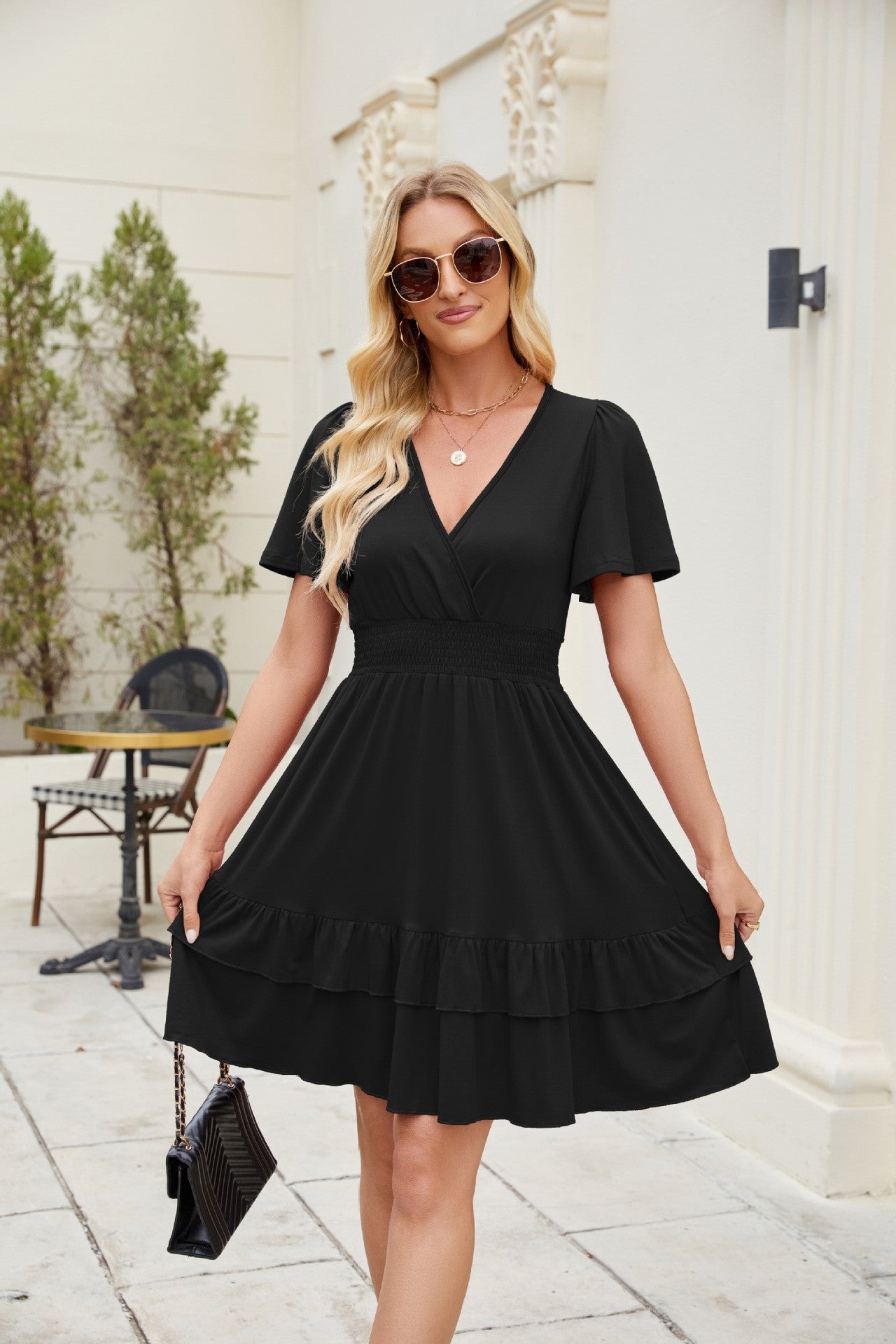 Damen Wickelkleid mit feinem Rüschensaum und elastischem Bund Fudus