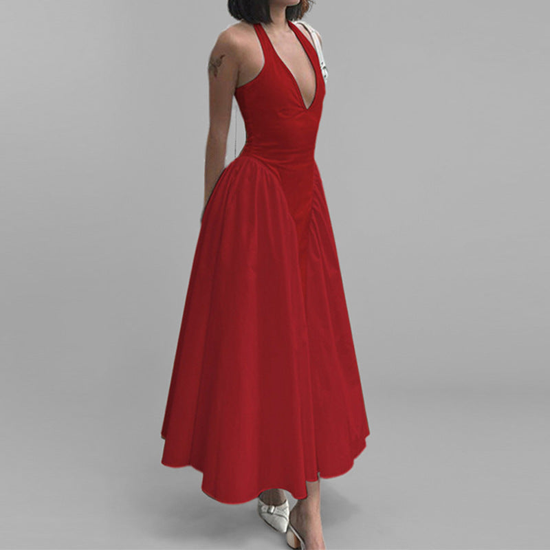 Damen Maxikleid mit tiefem V-Ausschnitt und schwingendem Rock Fudus