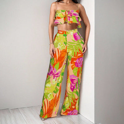 Damen Zweiteiliges Sommeroutfit mit Rüschenshirt und weiten Hosen Fudus