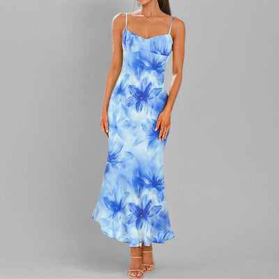 Damen Maxikleid mit feinen Spaghettiträgern und blumigem Design Fudus