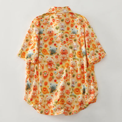 Damen Kurzarmhemd mit verspieltem Tier- und Blumenmuster Fudus