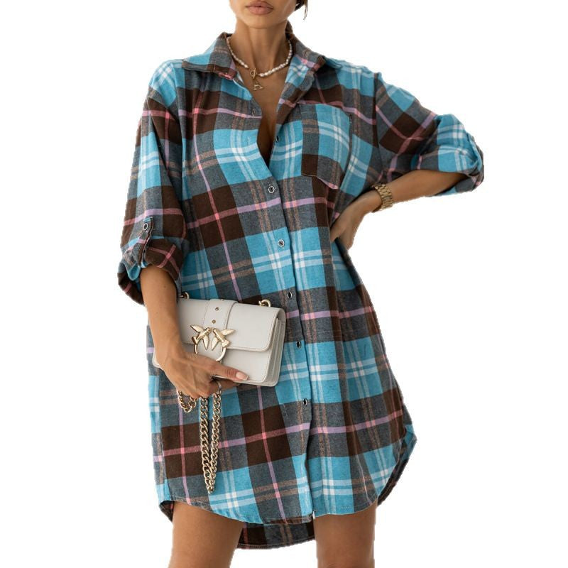 Damen Flanell-Hemdkleid mit Karomuster und langen Ärmeln Fudus