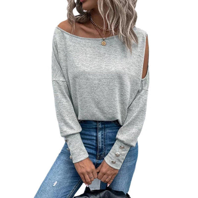 Damen lässiges Longsleeve T-Shirt mit Schulterauschnitten Fudus