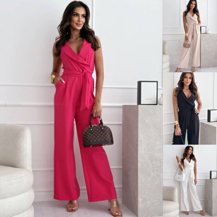 Damen eleganter Jumpsuit mit Wickeldesign und weitem Bein Fudus