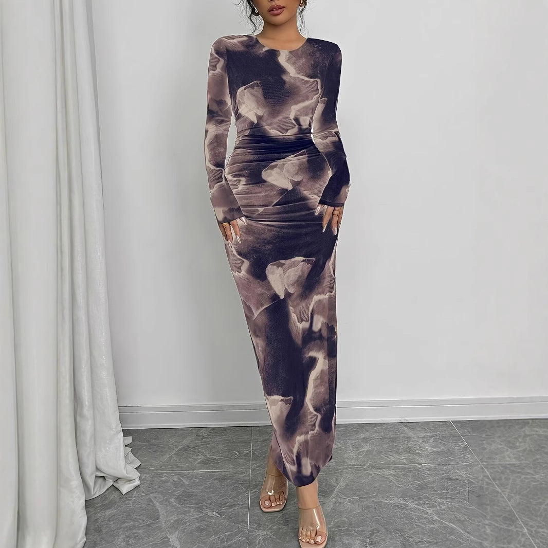 Damen figurbetontes Langarm-Maxikleid mit einzigartigem Mustermix und elegantem Schnitt Fudus