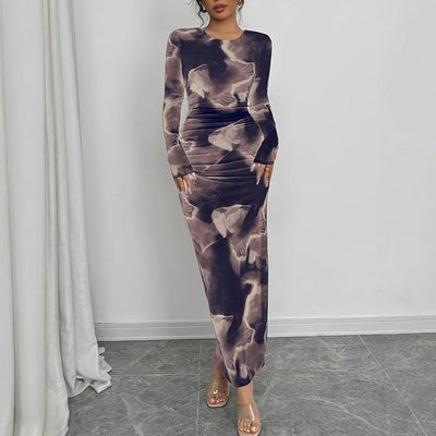 Damen figurbetontes Langarm-Maxikleid mit einzigartigem Mustermix und elegantem Schnitt Fudus