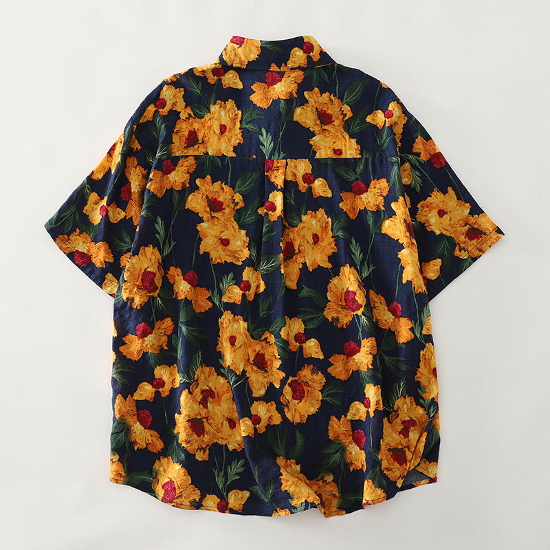 Damen Kurzarmhemd mit buntem Blumenmuster und elastischem Stoff Fudus